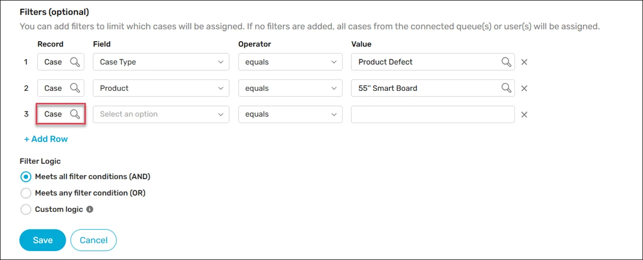 Case router filters with the Record lookup highlighted for selecting a field from a related object.