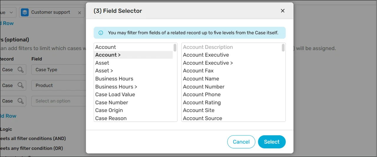 Field Selector dialog with the related Account expanded to show fields available for a Case router filter.