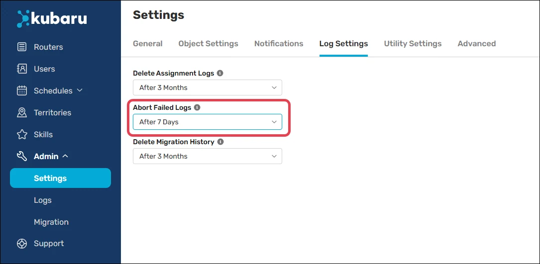 Kubaru Log Settings with Abort Failed Logs set to After 7 Days.