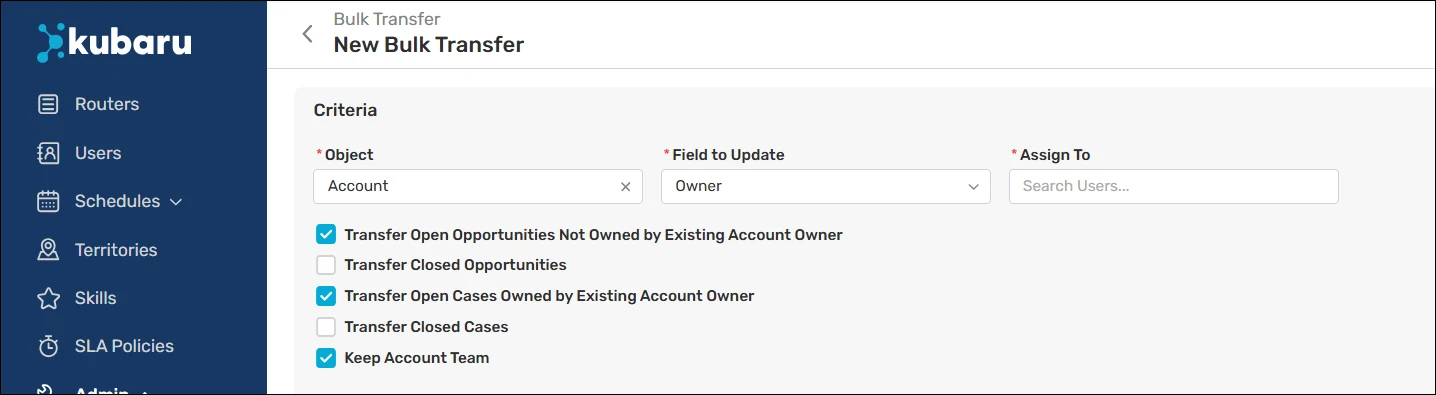 Account bulk transfer options for related opportunities and cases, with Keep Account Team checked.
