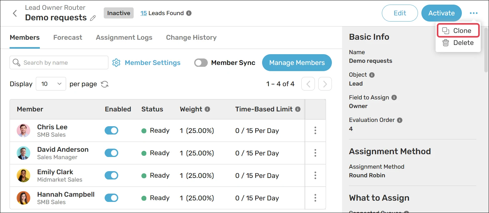 Select "Clone" from the router action menu.
