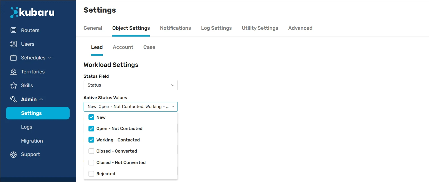 Define active status values in the workload settings.