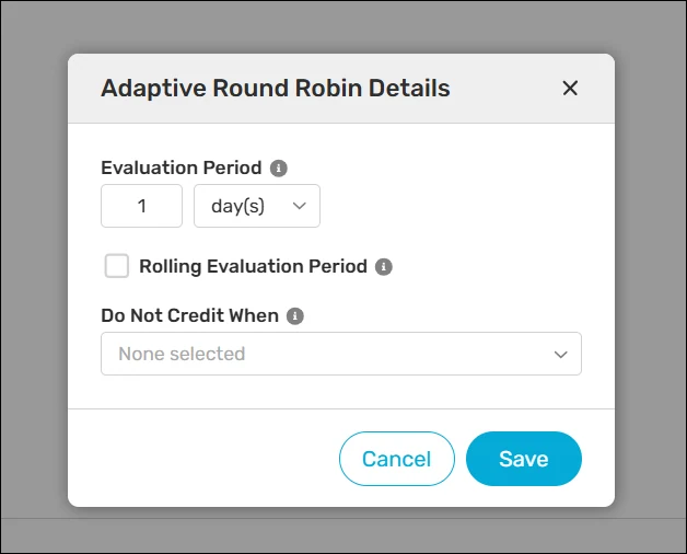 Adaptive Round Robin Details dialog with a one-day evaluation period, Rolling Evaluation Period unchecked, and no credit exclusions selected.