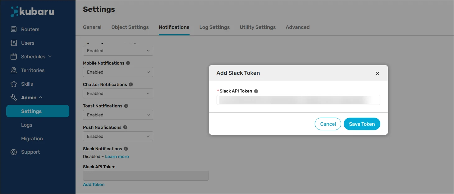 Enter your Slack API token.