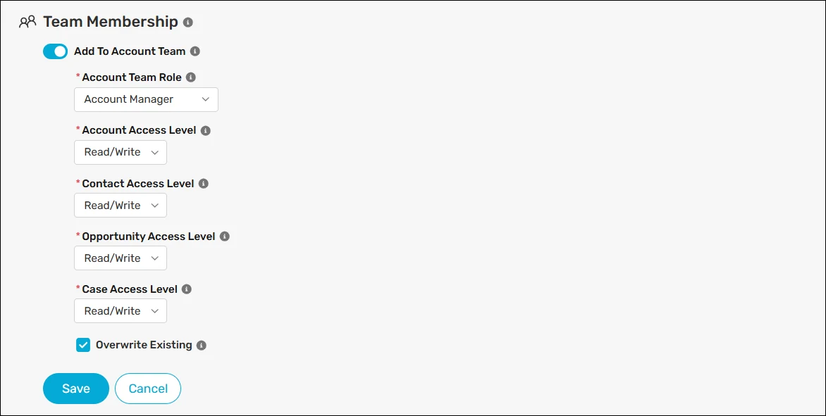 Enable the "Add to Account Team" feature.