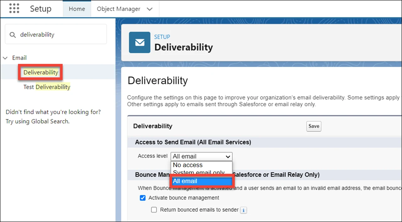 Salesforce Deliverability settings with the Access level menu open and All email selected.