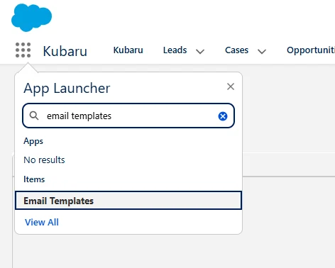Salesforce App Launcher search for email templates, with the Email Templates item displayed.