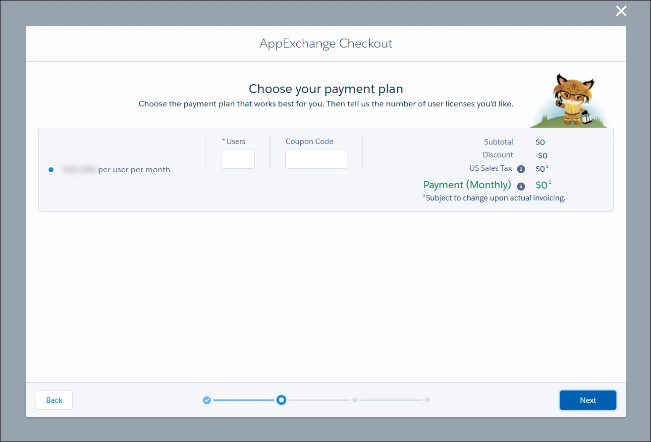 AppExchange Checkout payment plan step with fields for the number of users and a coupon code, plus a monthly payment summary.