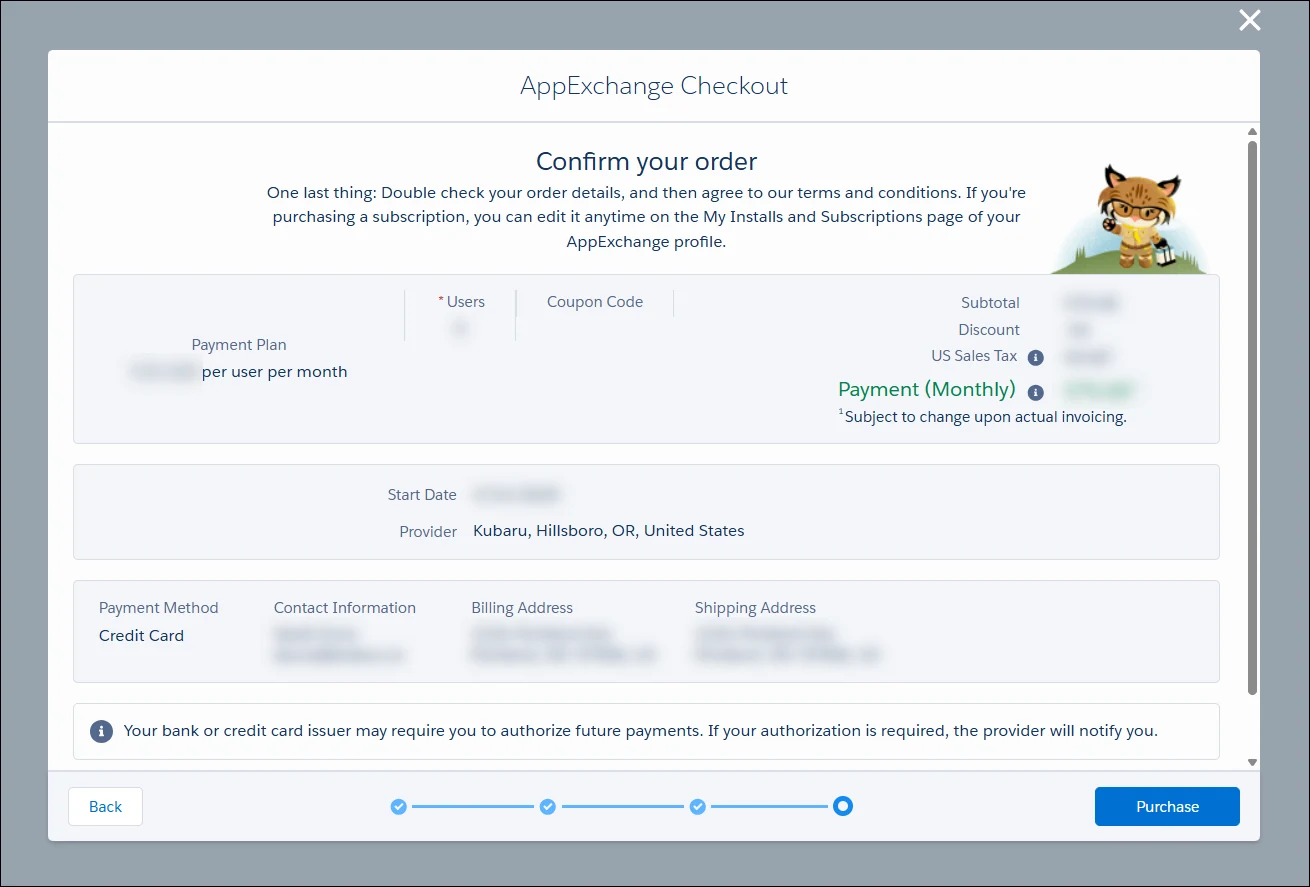 AppExchange Checkout order confirmation with the user quantity, payment summary, contact and address details, and Purchase button.