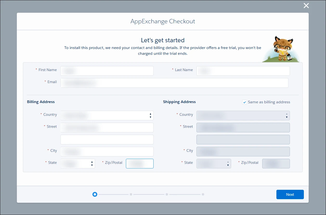 AppExchange Checkout contact-information form with billing and shipping address fields and a Next button.