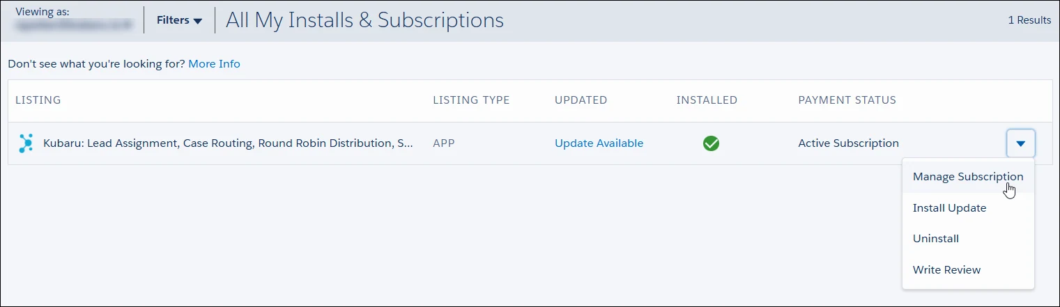 Select the Manage Subscription option from the action menu.