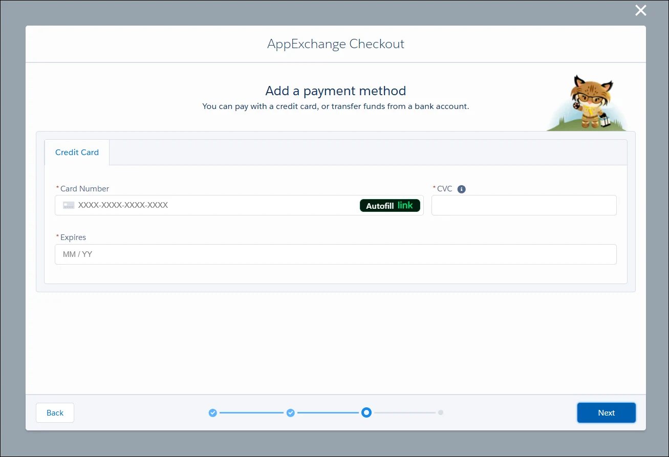 AppExchange Checkout Add a payment method screen with credit card number, expiration date, and security code fields.