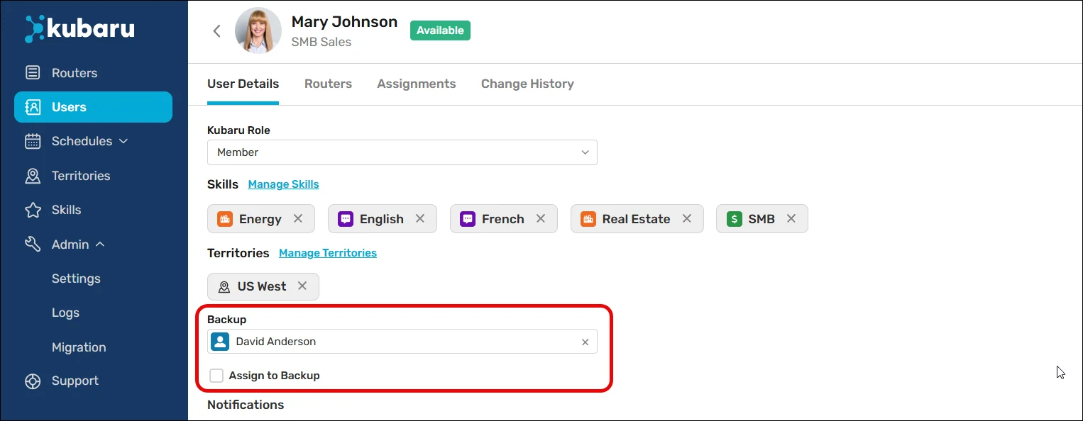 Designate a backup user on the user profile page.