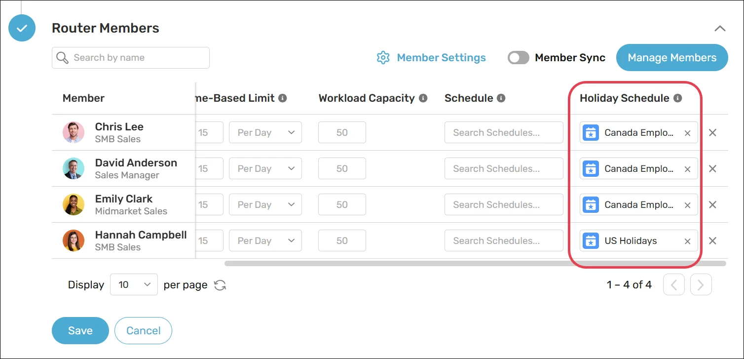 Assign holiday schedules to router members.
