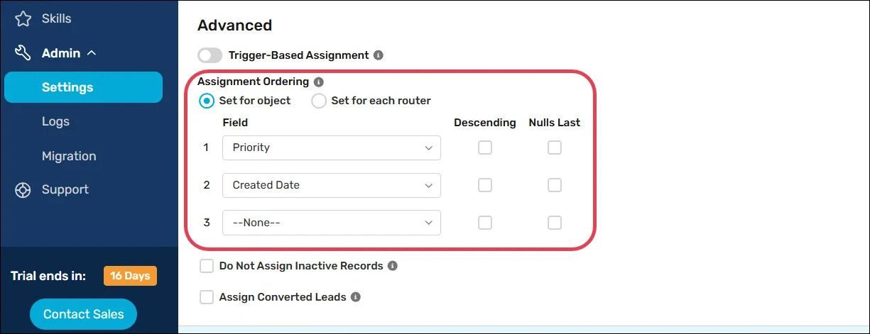 Assignment Ordering set for the object, sorting first by Priority and then Created Date, with Descending and Nulls Last unchecked.