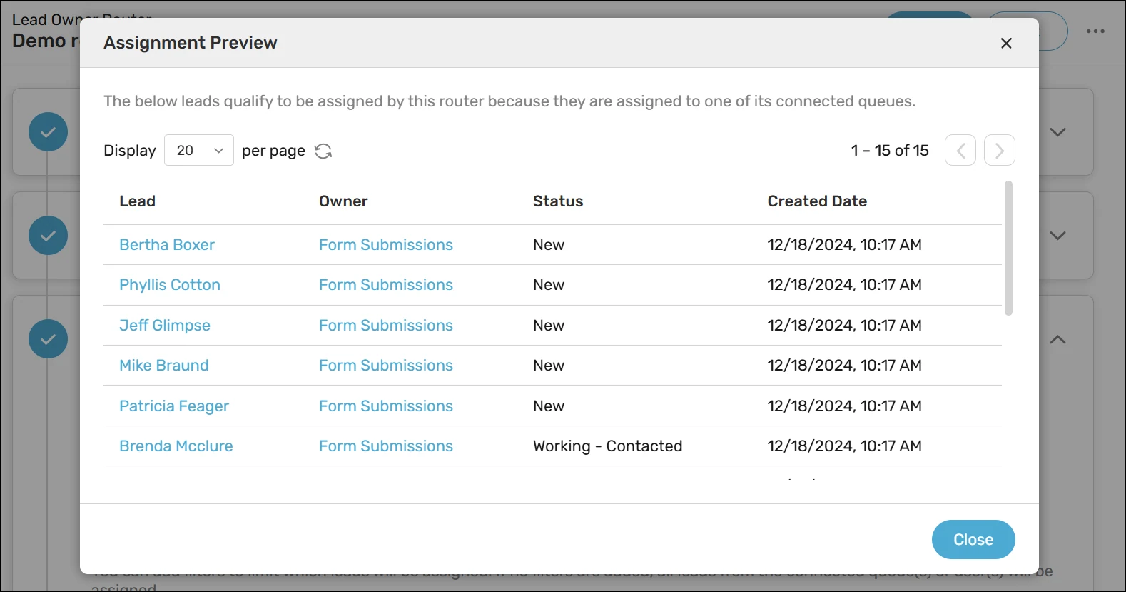 The assignment preview window displays a list of records that qualify to be assigned.