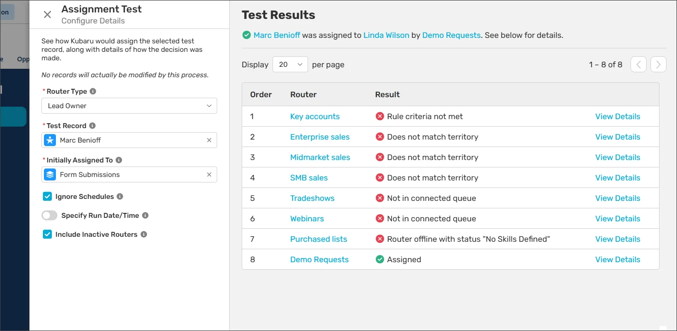Assignment Test results showing the Demo Requests router would assign the lead to Linda Wilson, with reasons other routers did not assign it.