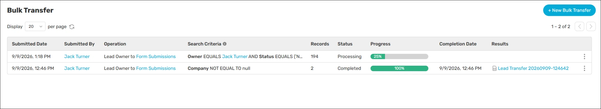 Bulk Transfer list showing transfer progress and downloadable results.