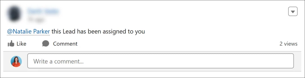 Chatter post mentioning the assigned user and stating that the lead has been assigned to them.