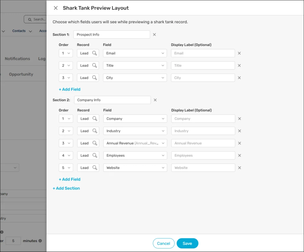 Shark Tank Preview Layout editor with Prospect Info and Company Info sections, field ordering, and display labels.