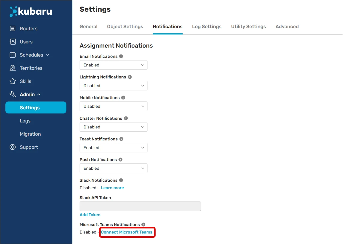 Kubaru Notifications settings with the Connect Microsoft Teams link highlighted.