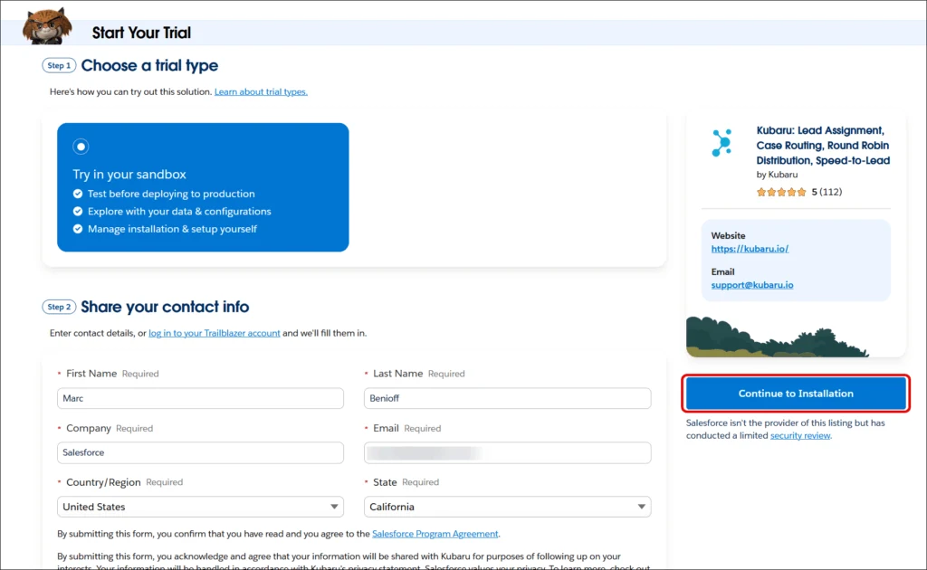 Select Try In Your Sandbox, enter your contact info, and click Continue to Installation