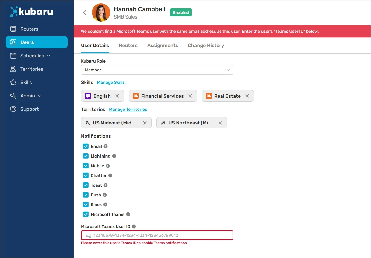 Kubaru User Details with an error stating no Microsoft Teams user matches the email address and requesting a Teams User ID.