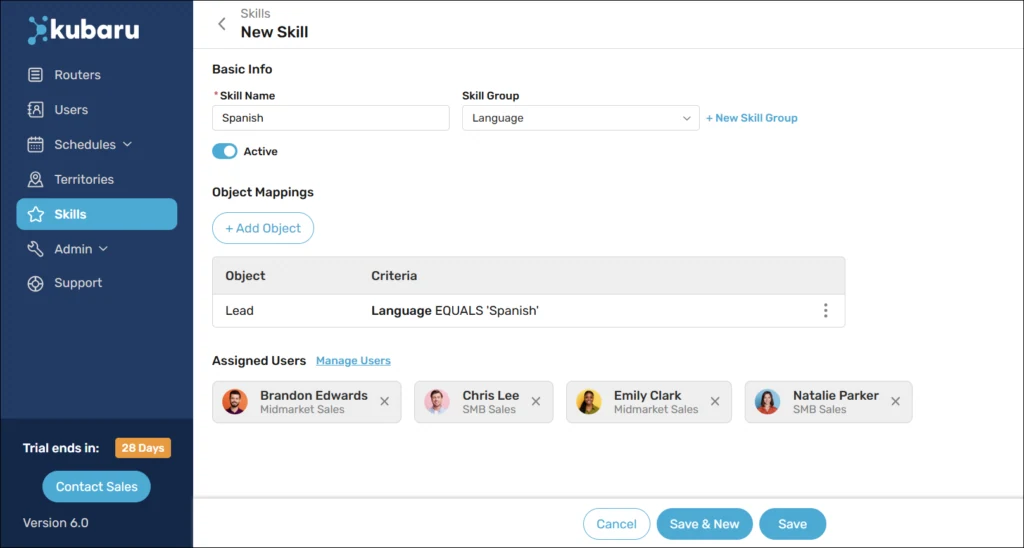 New Skill form for Spanish in the Language group, with a Lead language mapping and four assigned users.