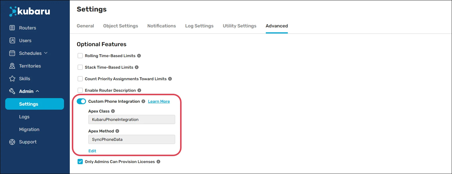 Enable the "Custom Phone Integration" feature in advanced admin settings.