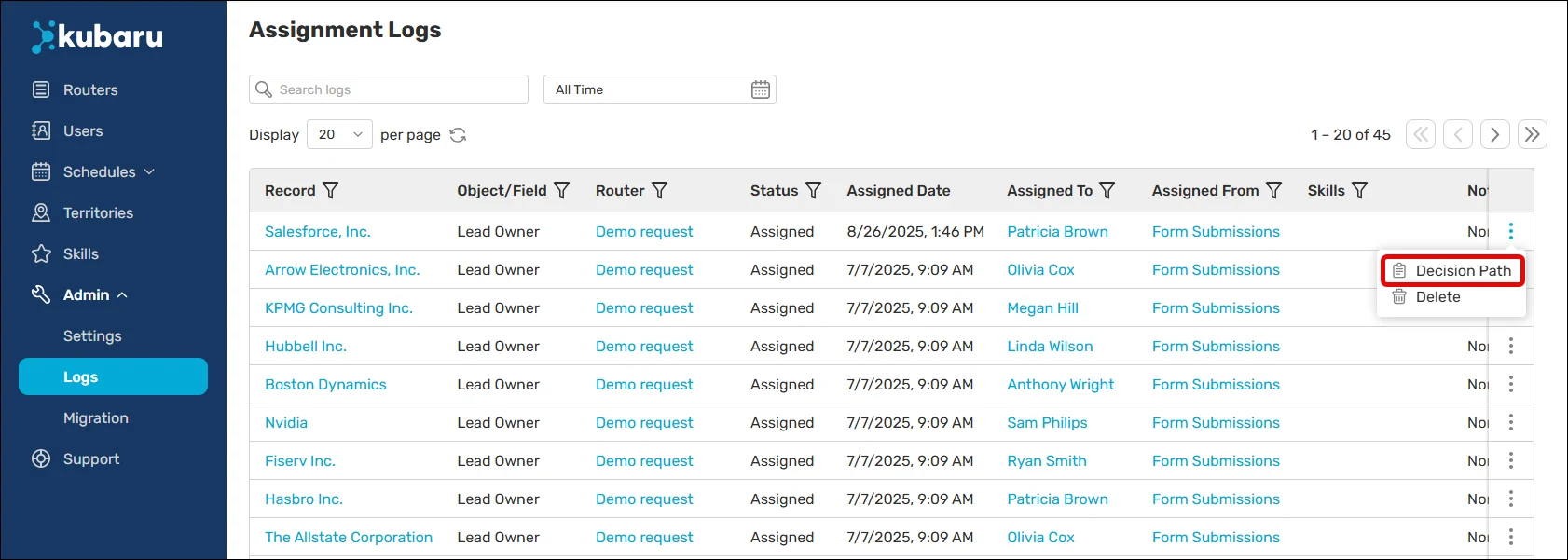 Assignment Logs with a row's action menu open and the Decision Path option highlighted.