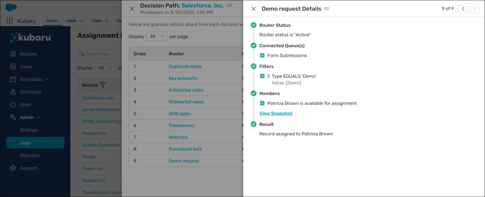 Decision Path details showing the router status, connected queue, matching filter, available member, and assignment result.