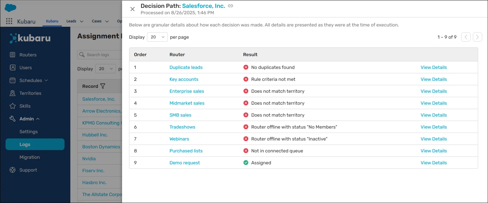 Decision Path panel listing routers in evaluation order and the reason each skipped or assigned the record.