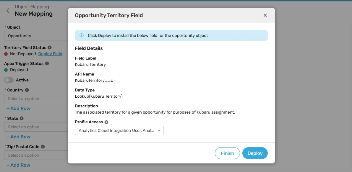 Deploy a territory field for the selected object.