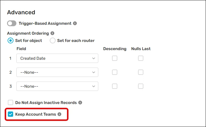 Kubaru advanced object settings with the Keep Account Teams checkbox checked and highlighted.