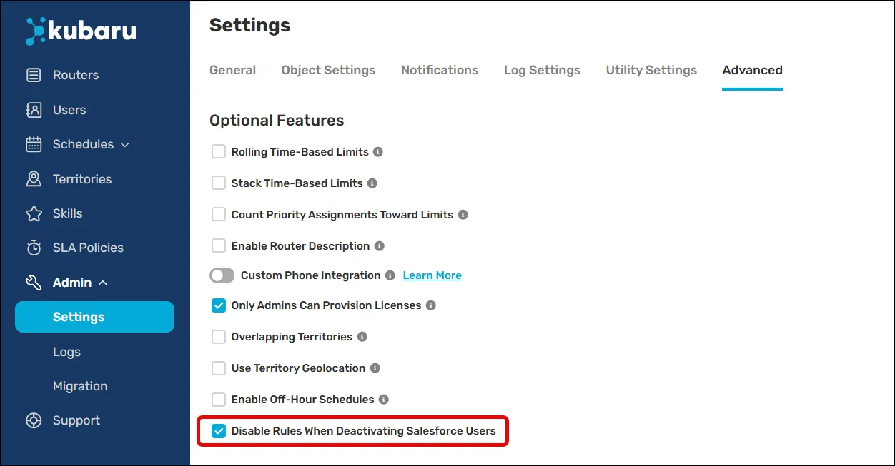 The Disable Rules When Deactivating Salesforce Users setting enabled on the Advanced settings tab.