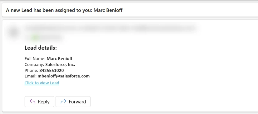 Assignment email announcing a new lead, with lead details and a Click to view Lead link.