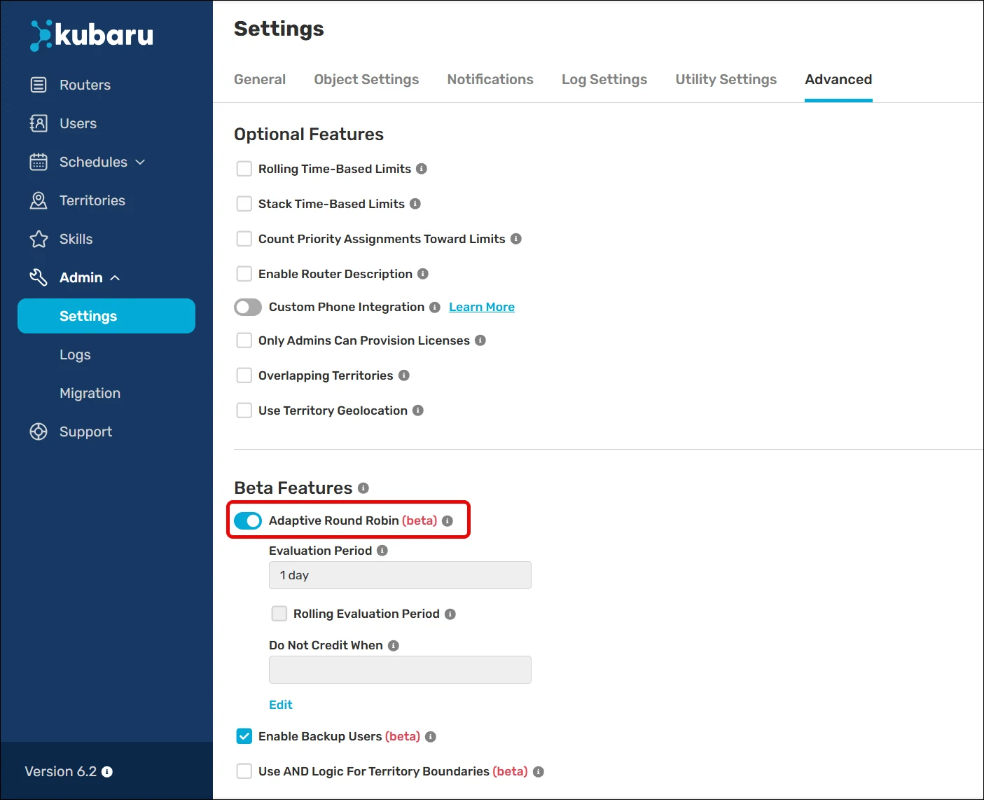 Kubaru Advanced settings with the Adaptive Round Robin toggle enabled and highlighted.