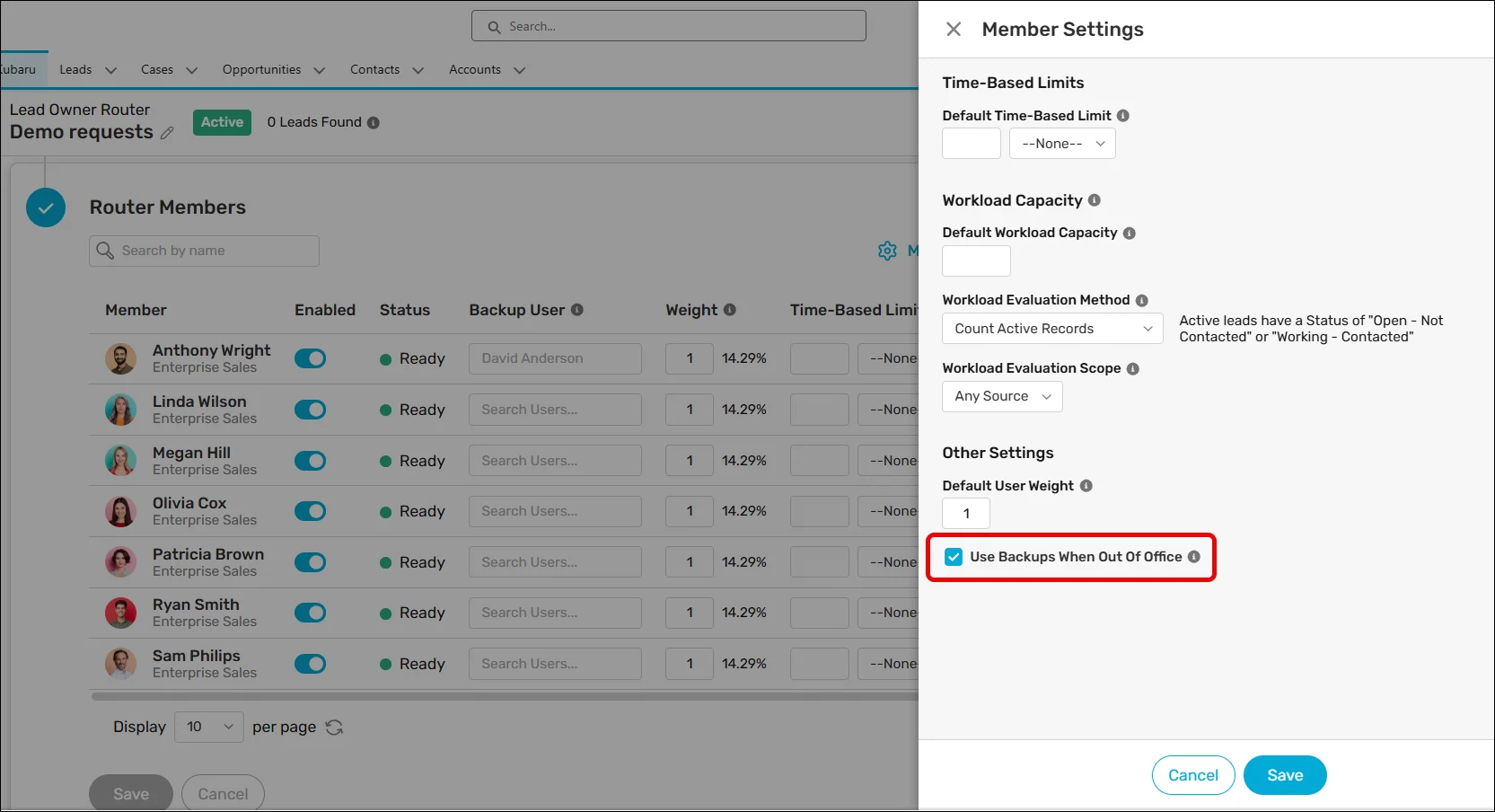 Router Member Settings with Use Backups When Out Of Office checked and the Backup User column visible behind the panel.