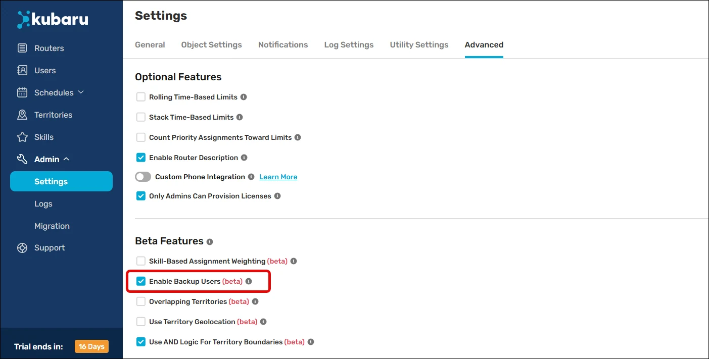 Check "Enable Backup Users" in advanced admin settings.