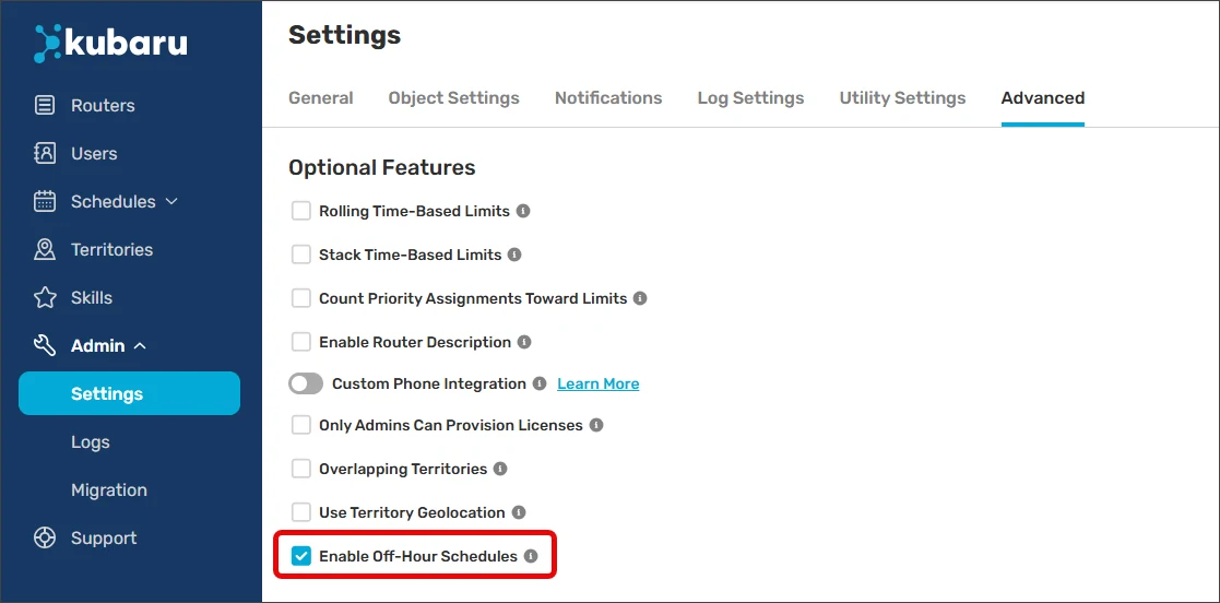 Kubaru Advanced settings with Enable Off-Hour Schedules checked and highlighted.