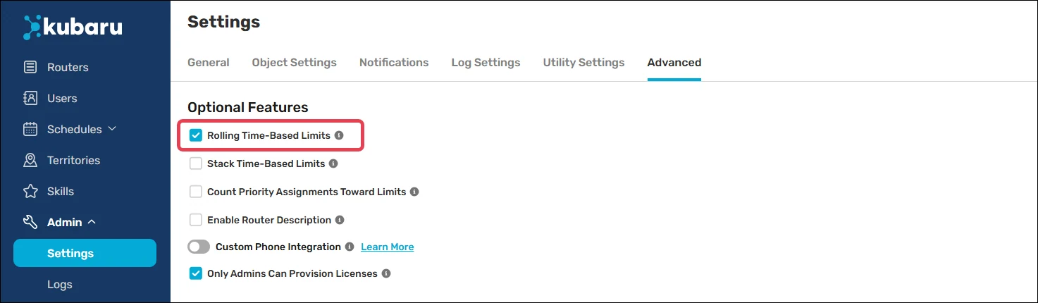 Enable rolling time-based limits from admin settings.
