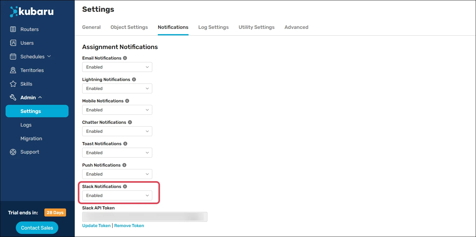 Enable Slack notifications in admin settings.