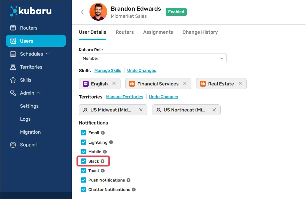 Enable Slack notifications for a user.