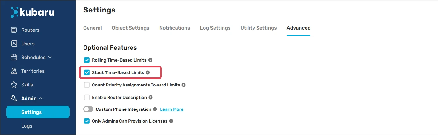 Enable stack time-based limits from the admin settings.