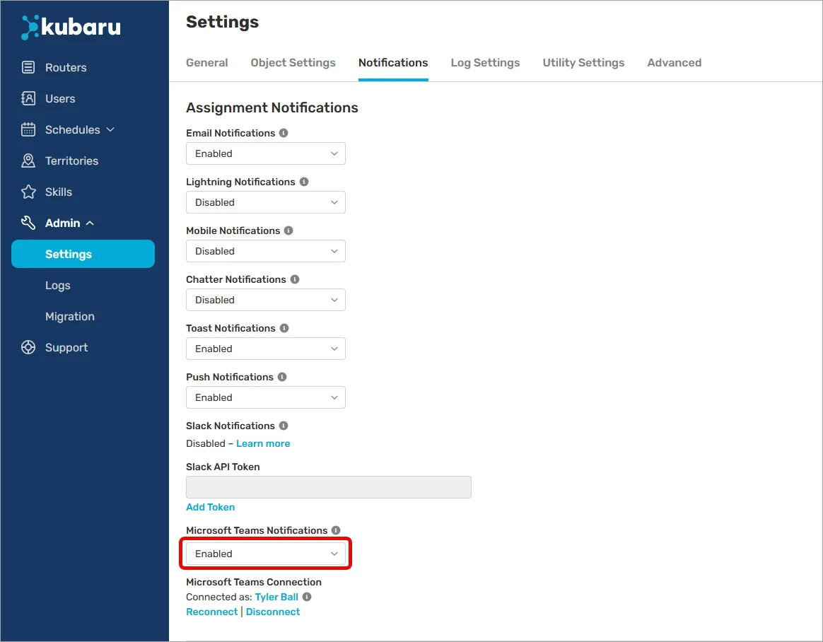 Kubaru Notifications settings with Microsoft Teams Notifications set to Enabled and a connected account shown.