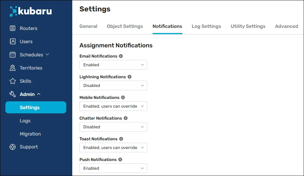 Assignment Notifications settings with separate controls for email, Lightning, mobile, Chatter, toast, and push notifications.