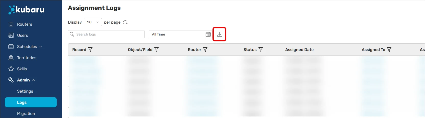 Assignment Logs with the export download icon highlighted beside the search and date filters.
