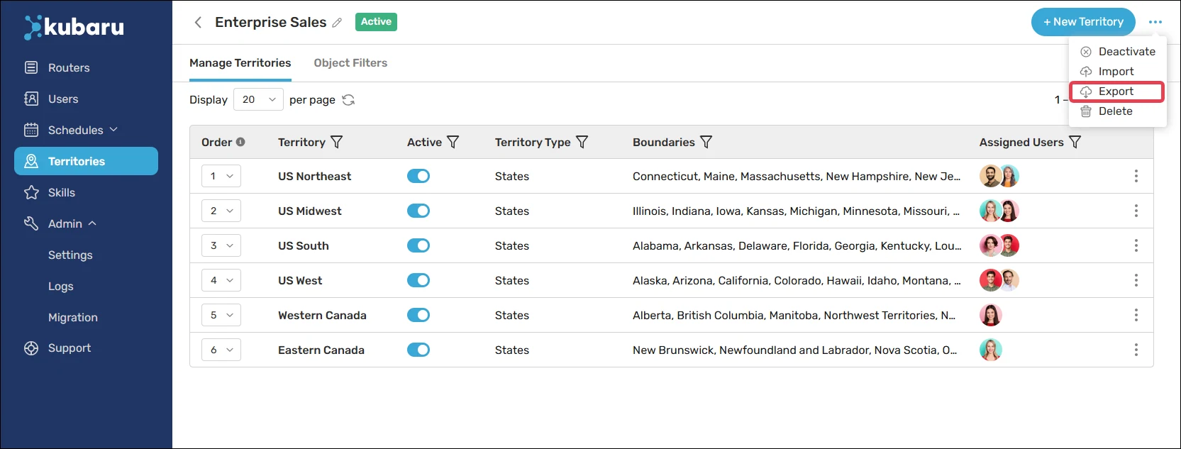 Export territories to a CSV.