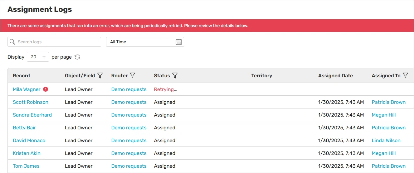 Review failed assignments in the assignment logs.