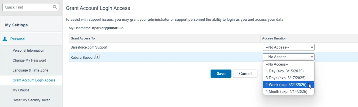 Select a duration for login access.